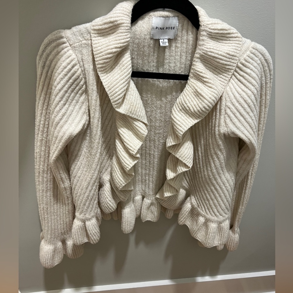 Pink Rose Women's Ivory Ruffle Cardigan